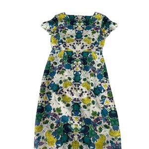 Elegant Floral Print Sheath Dress Party Cocktail White Blue Yellow Sz 2 Rosette